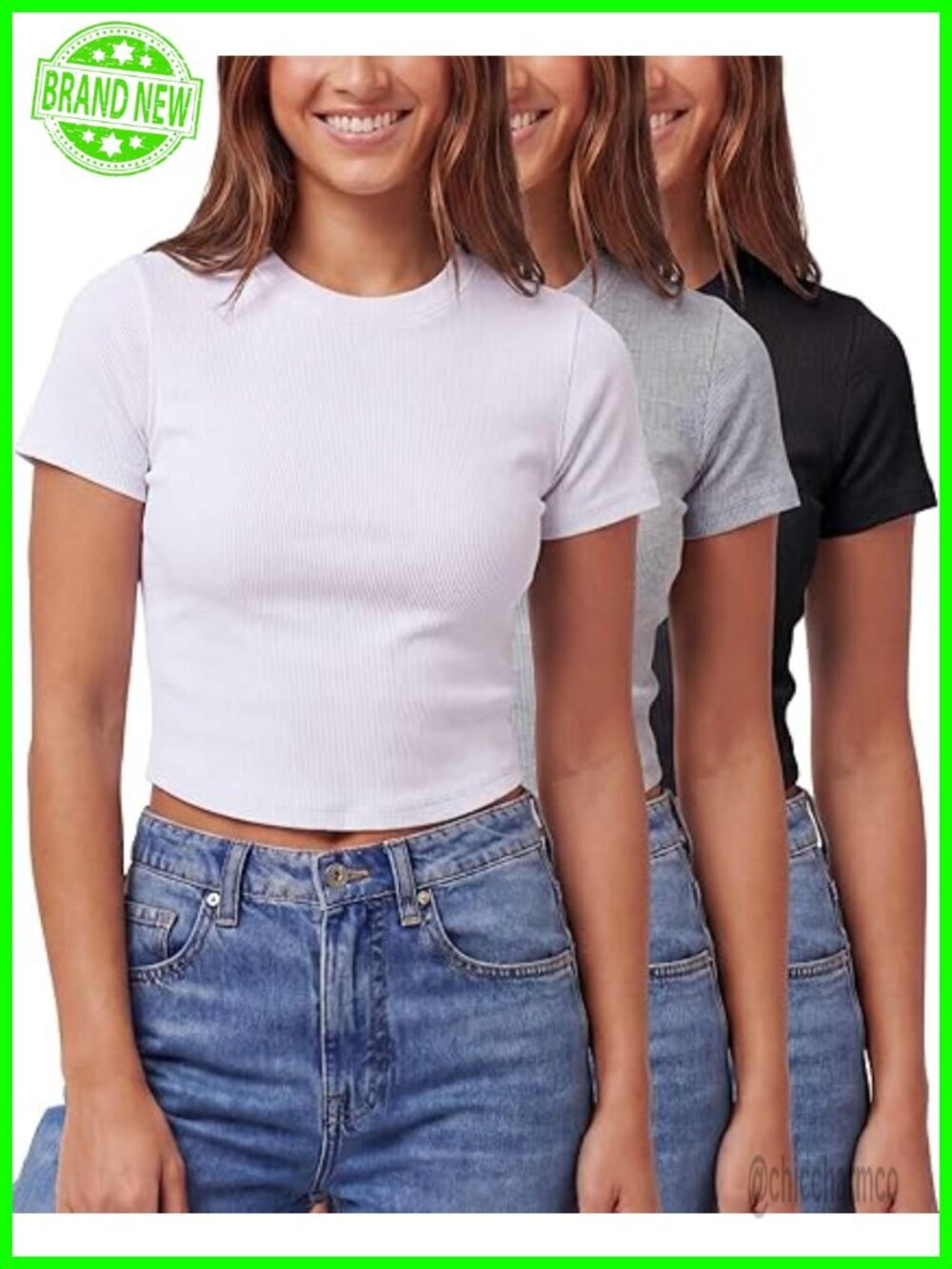 3 Pack Women's Cropped Cap Sleeve Ribbed Cotton T-Shirts Crew Neck Crop Tops